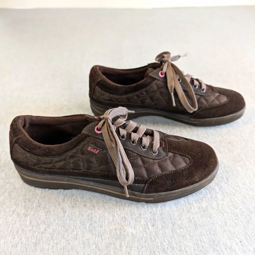 Keds Brown Suede Quilted Logo Lace-Up Casual Sneakers Round Toe US 7M E 37.5